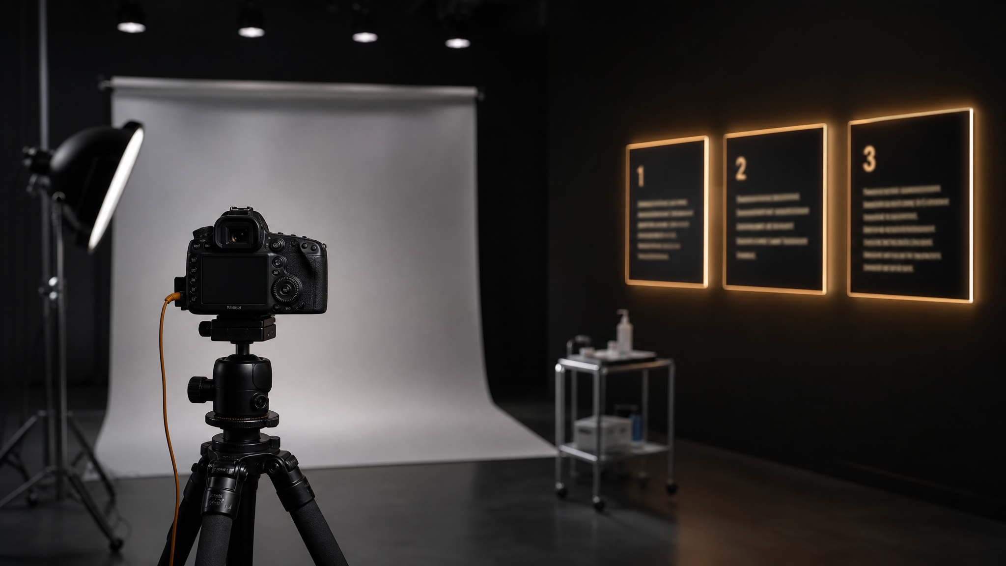 Clinical photography studio with professional camera on tripod facing backdrop and three illuminated compliance requirement panels representing AHPRA before and after photo documentation process