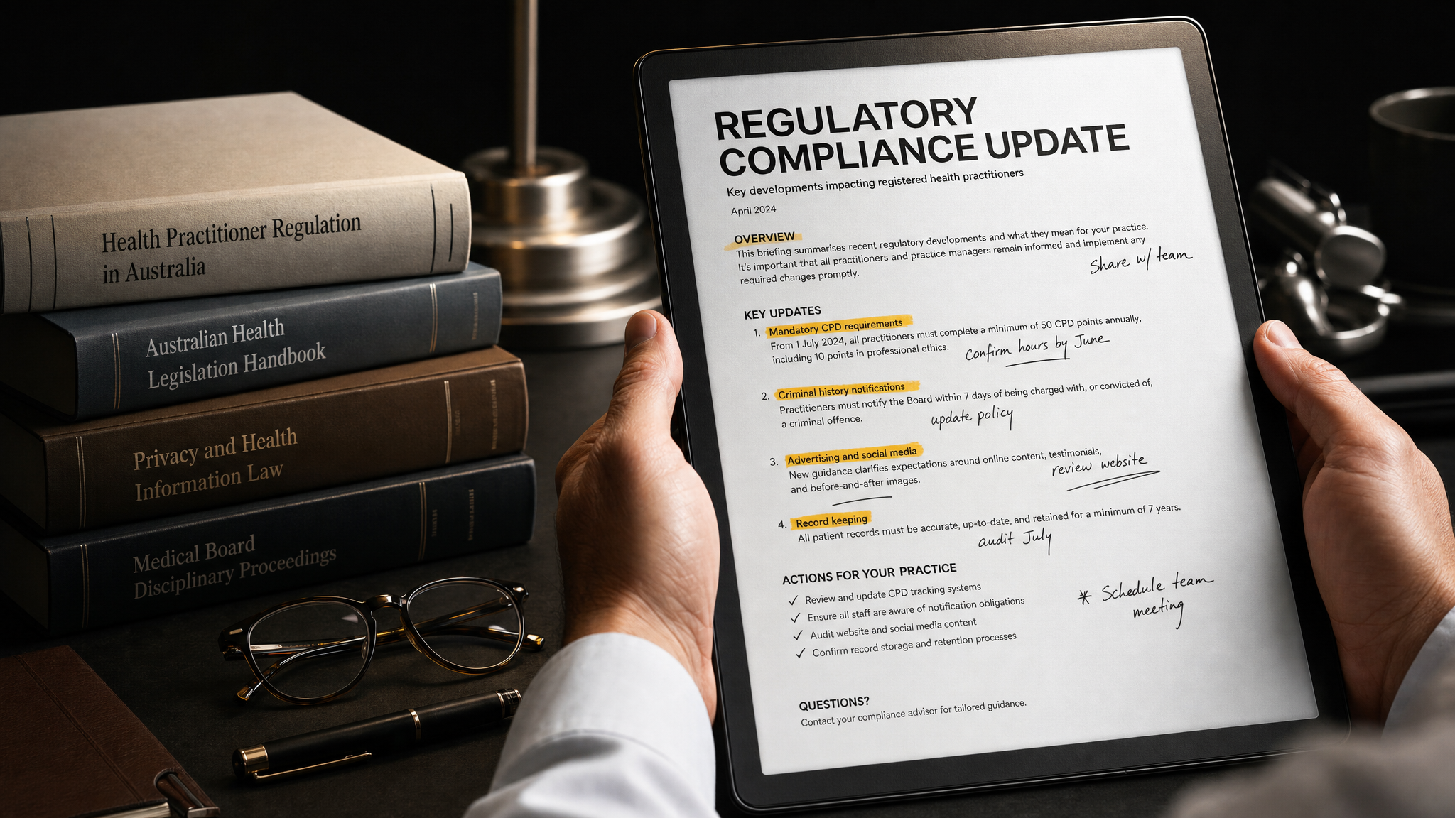 Practitioner reviewing a regulatory compliance update document with amber highlighted annotations alongside Australian health legislation reference books