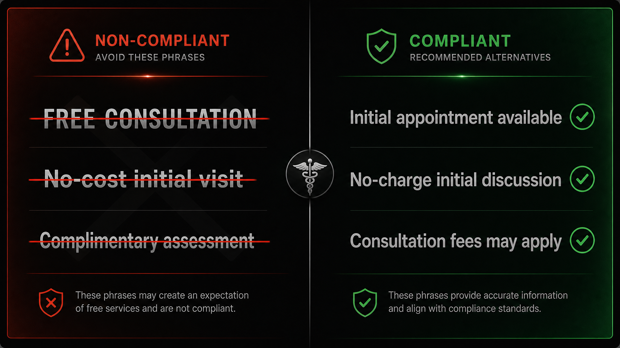 Non-compliant healthcare consultation advertising phrases like Free Consultation crossed out versus AHPRA-compliant alternatives like initial appointment available and consultation fees may apply