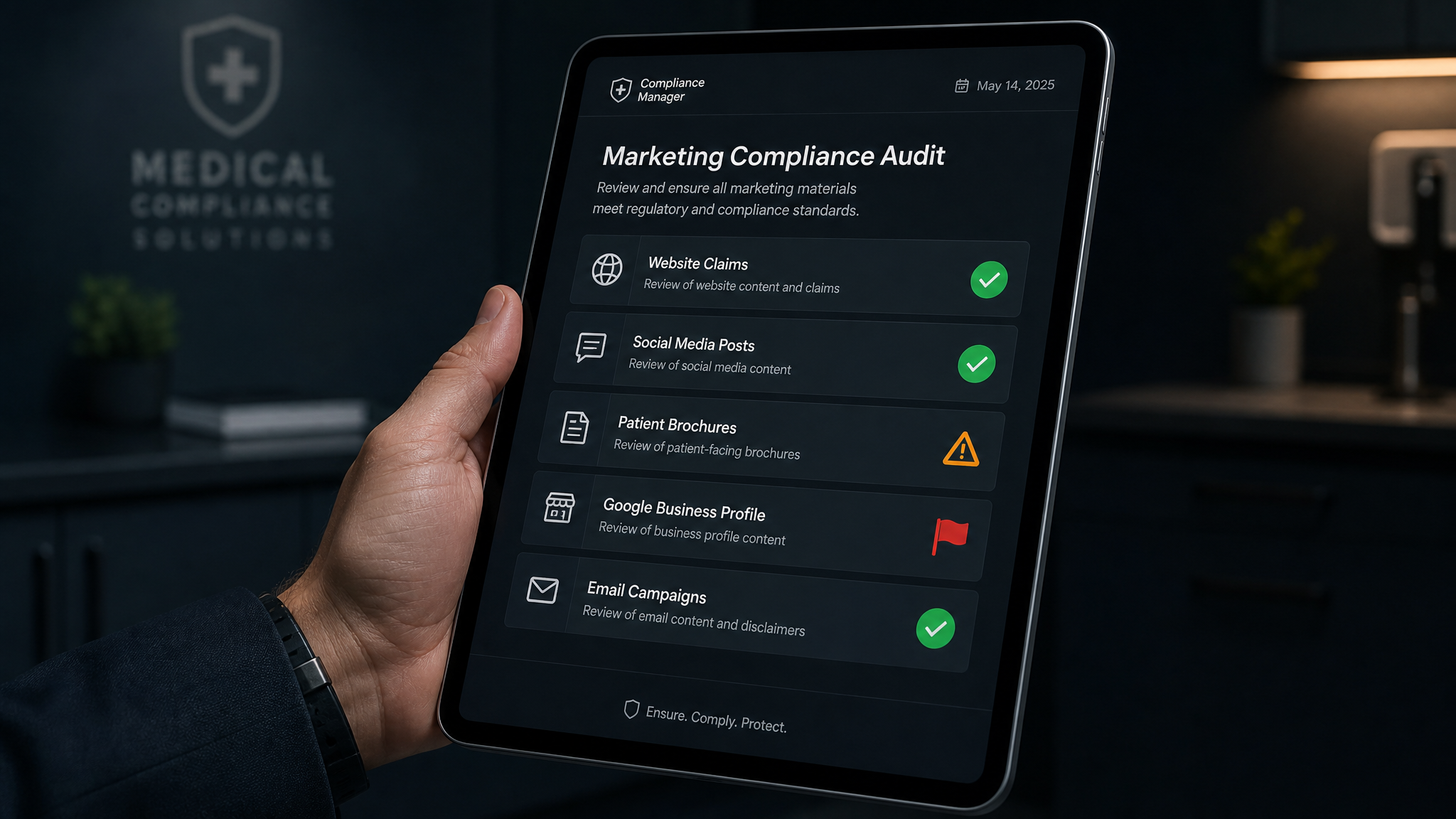 Healthcare marketing compliance audit checklist showing website claims social media posts patient brochures and Google Business profile being reviewed for AHPRA advertising compliance
