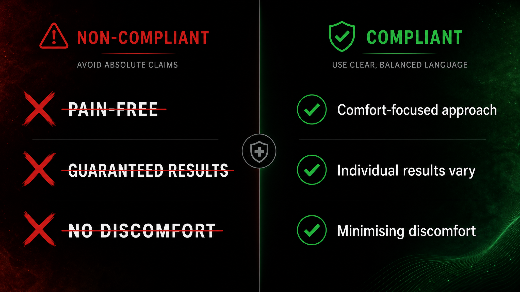 Comparison of non-compliant healthcare advertising phrases like Pain-Free and Guaranteed Results crossed out versus AHPRA-compliant alternatives like comfort-focused approach and individual results vary