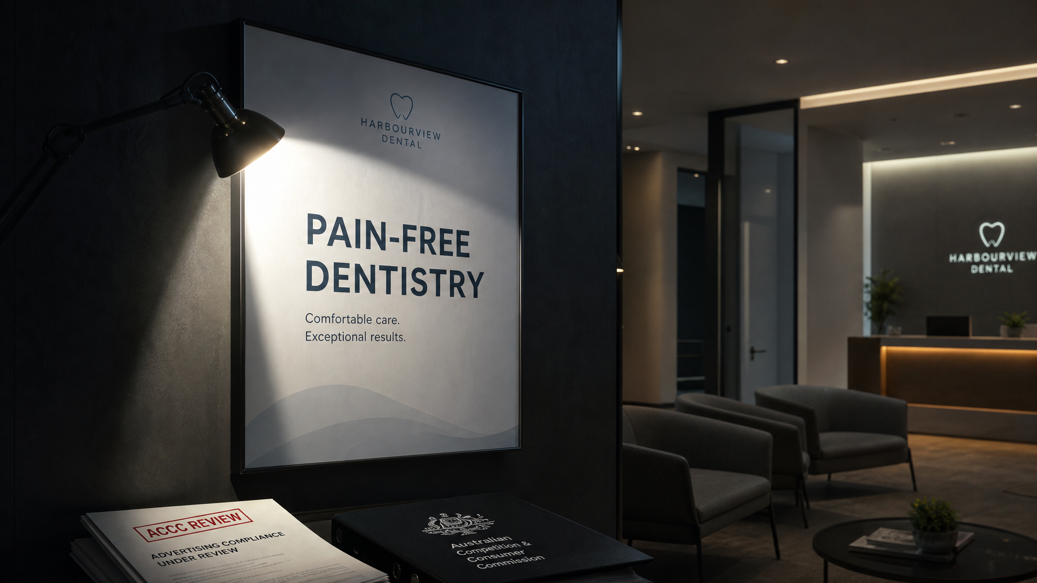 Australian dental clinic waiting room with Pain-Free Dentistry marketing poster under harsh regulatory inspection light representing AHPRA compliance scrutiny of healthcare advertising claims