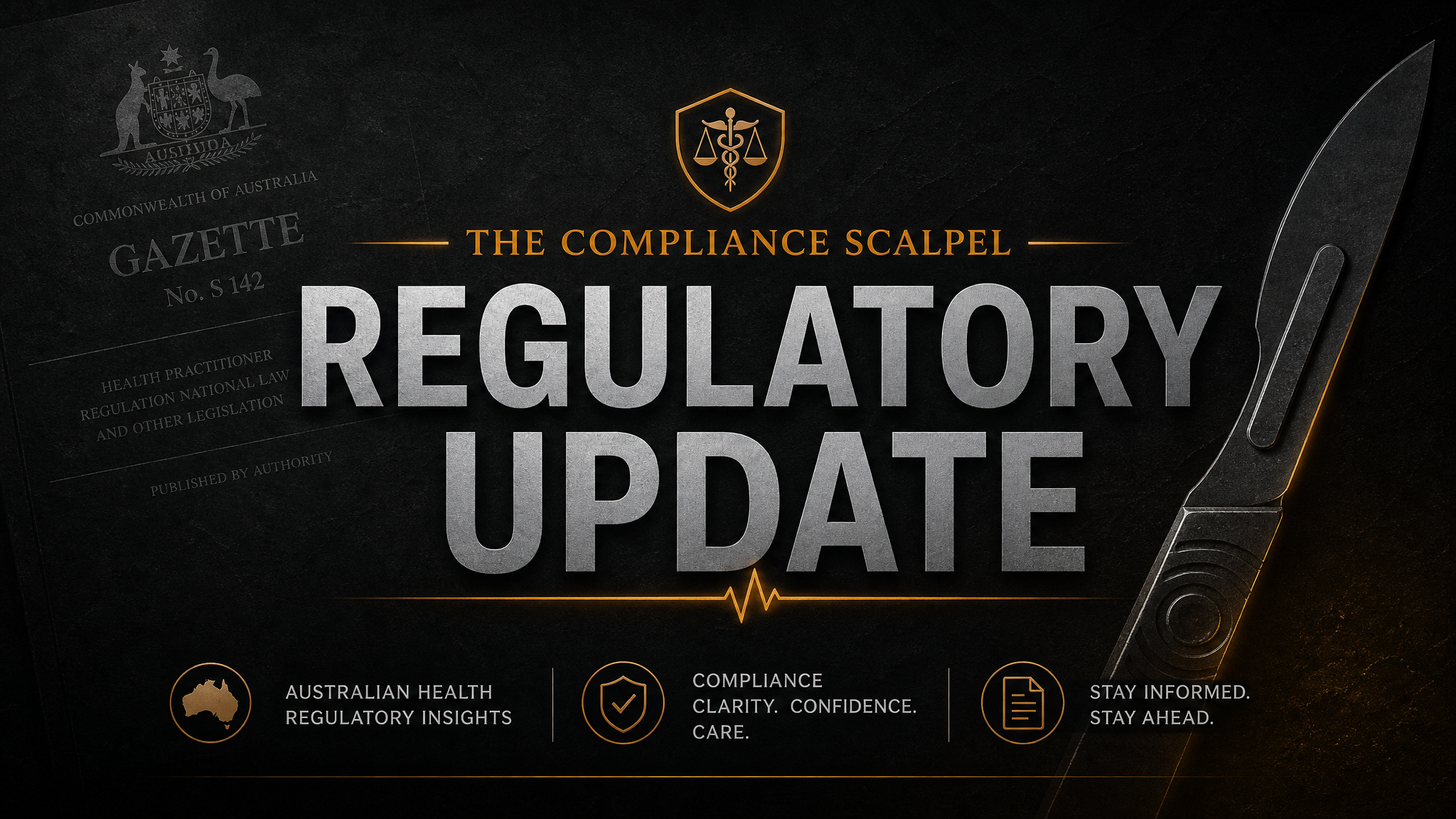 The Compliance Scalpel Regulatory Update bulletin banner for Australian healthcare advertising compliance changes from AHPRA and TGA