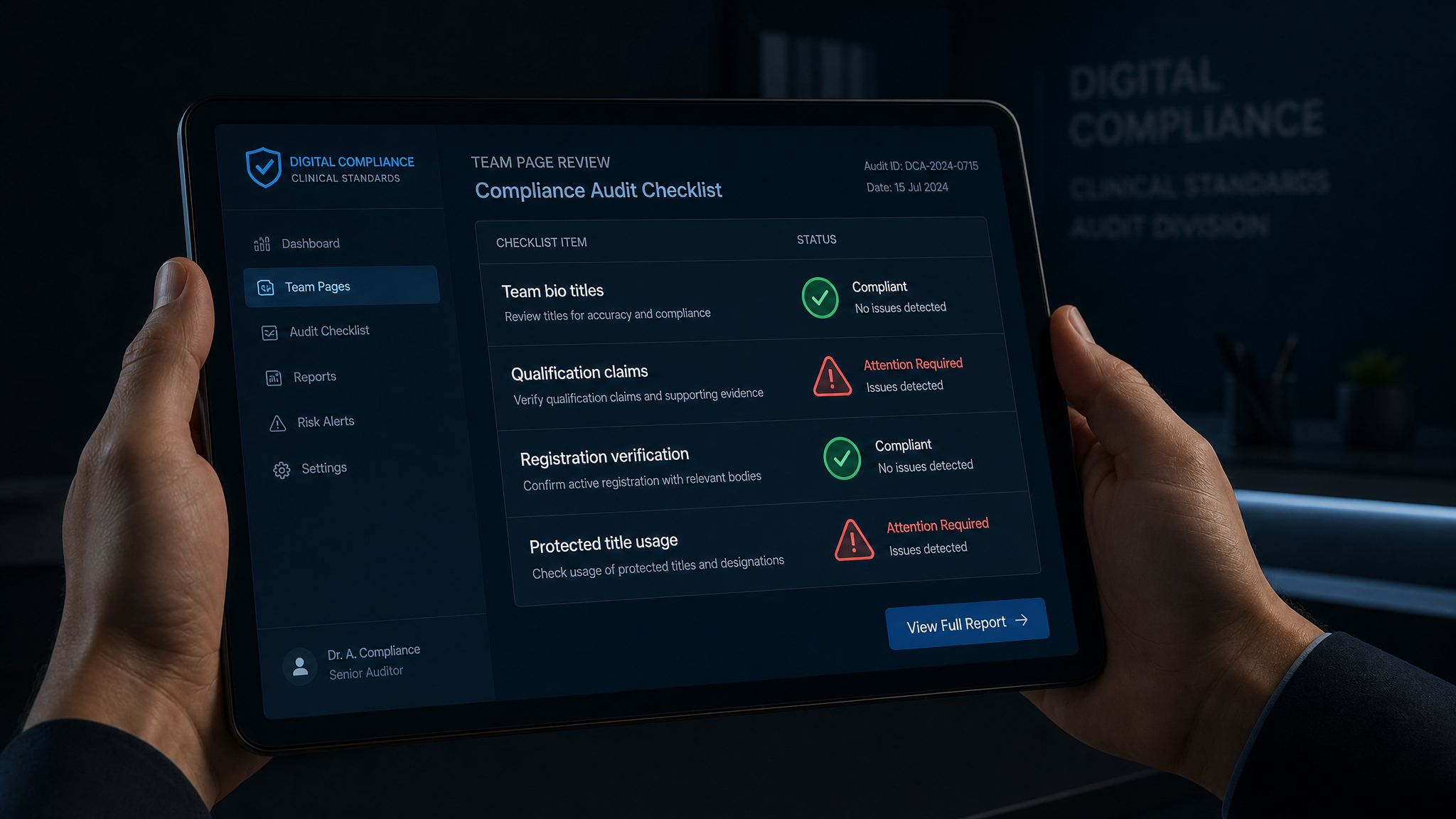 Digital compliance audit dashboard on tablet showing team page review checklist with items for team bio titles qualification claims registration verification and protected title usage