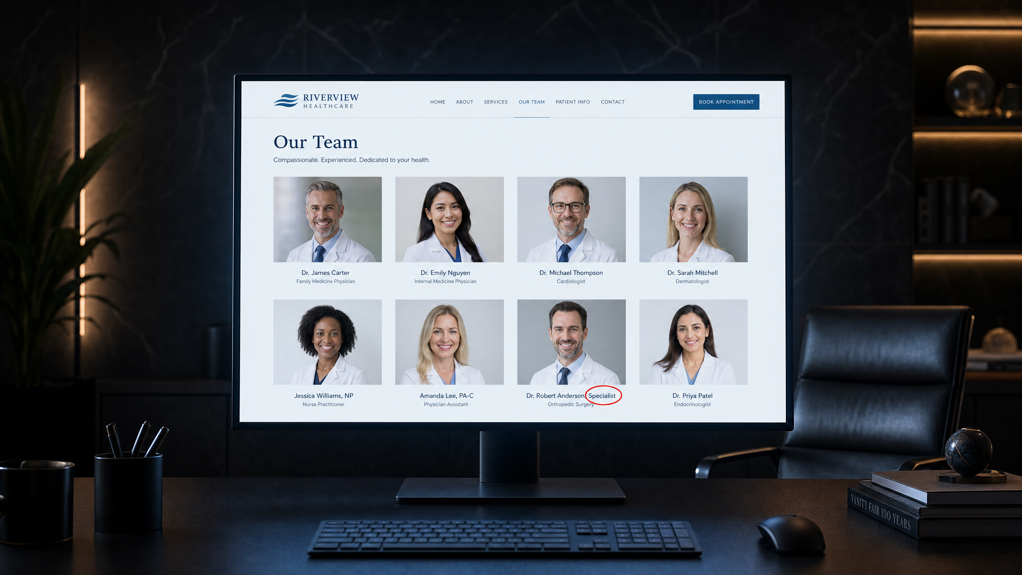 Healthcare practice website team page displayed on monitor screen with the word Specialist highlighted in red showing AHPRA protected title compliance violation on practitioner bio