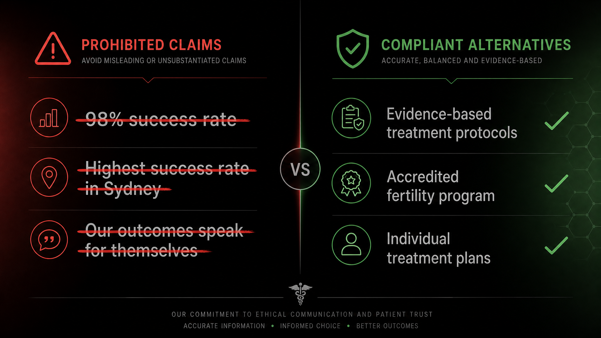 Non-compliant IVF success rate claims like 98 percent success rate and highest success rate in Sydney crossed out versus AHPRA-compliant alternatives like evidence-based treatment protocols and accredited fertility program