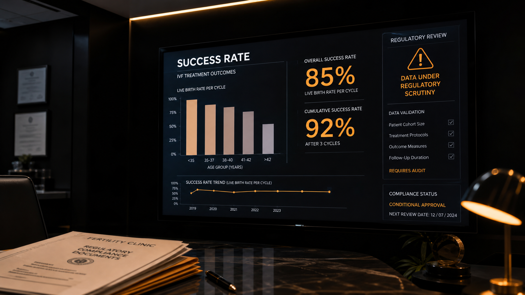 Fertility clinic office display showing statistical charts and success rate percentage figures under harsh regulatory inspection lighting representing AHPRA advertising compliance scrutiny